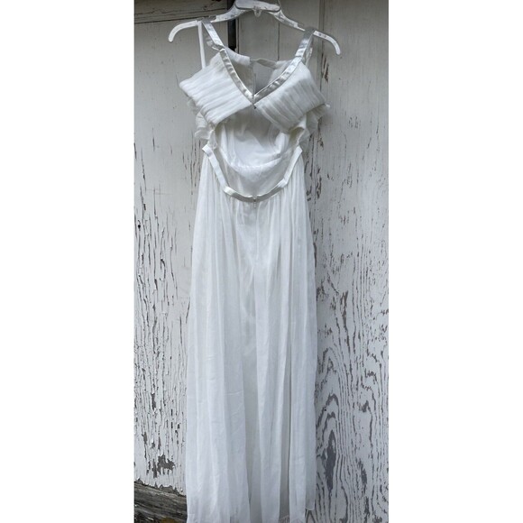 Long Evening Halter Dress Women’s Sz 2 Pure White Chiffon Satin Prom Wedding - Picture 2 of 16